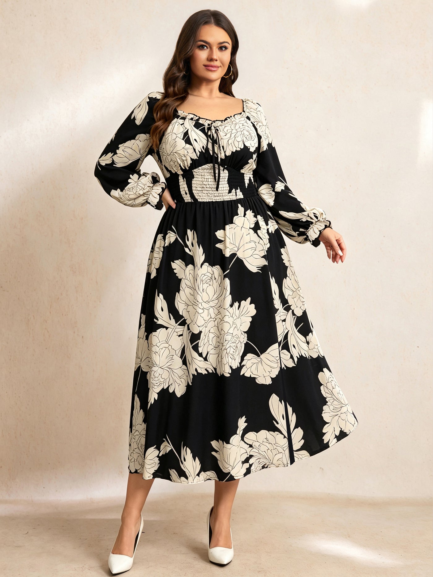RWJ 6824 Black Floral square-neck side-slit maxi dress