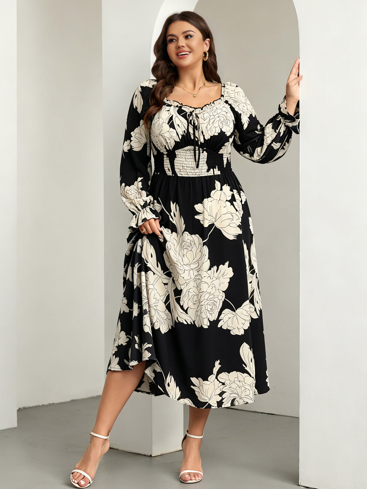 RWJ 6824 Black Floral square-neck side-slit maxi dress