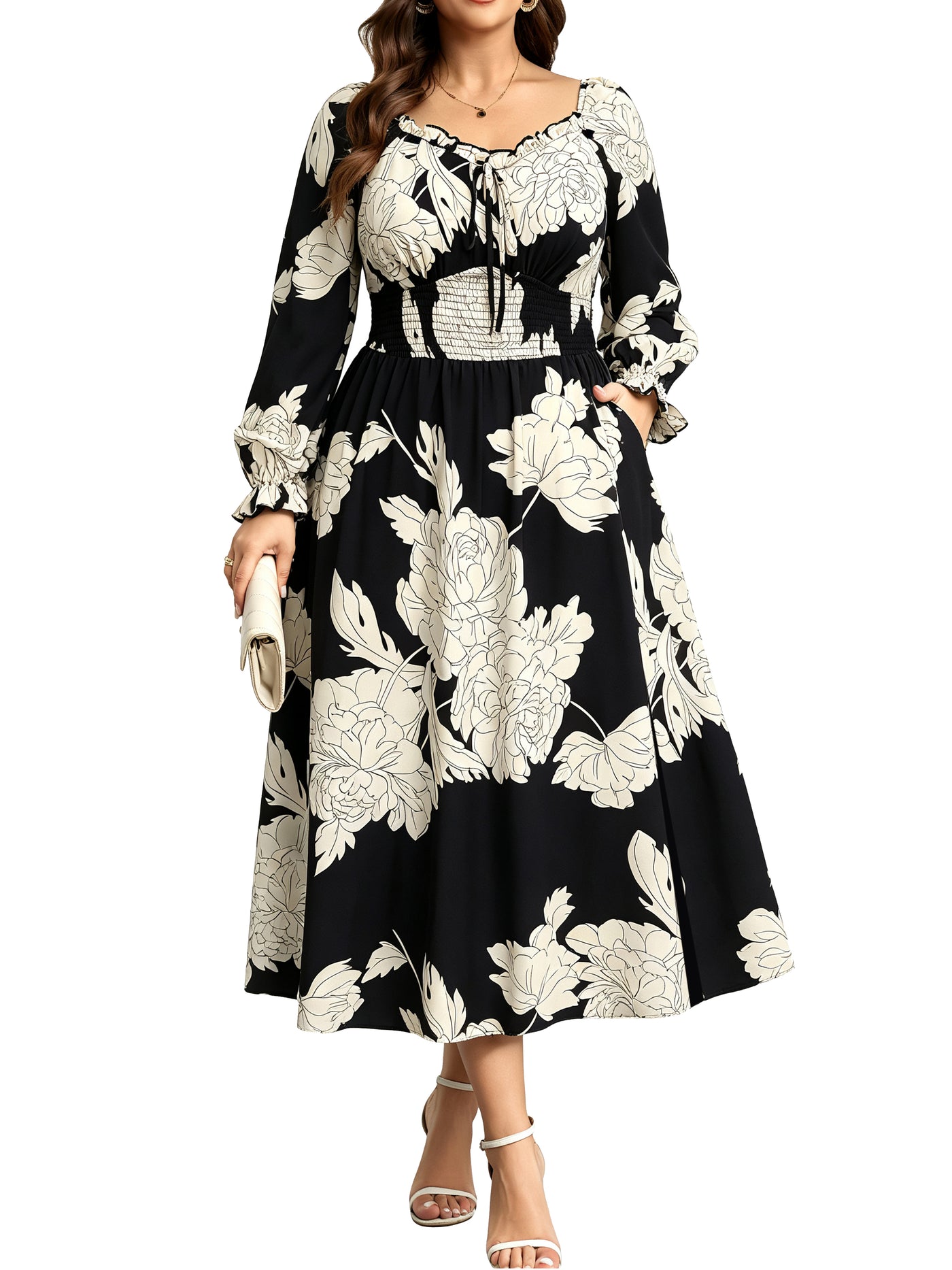 RWJ 6824 Black Floral square-neck side-slit maxi dress