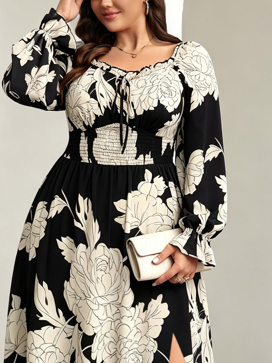Plus Size Square-Neck Side-Slit Maxi Dress — Black Floral close-up detail