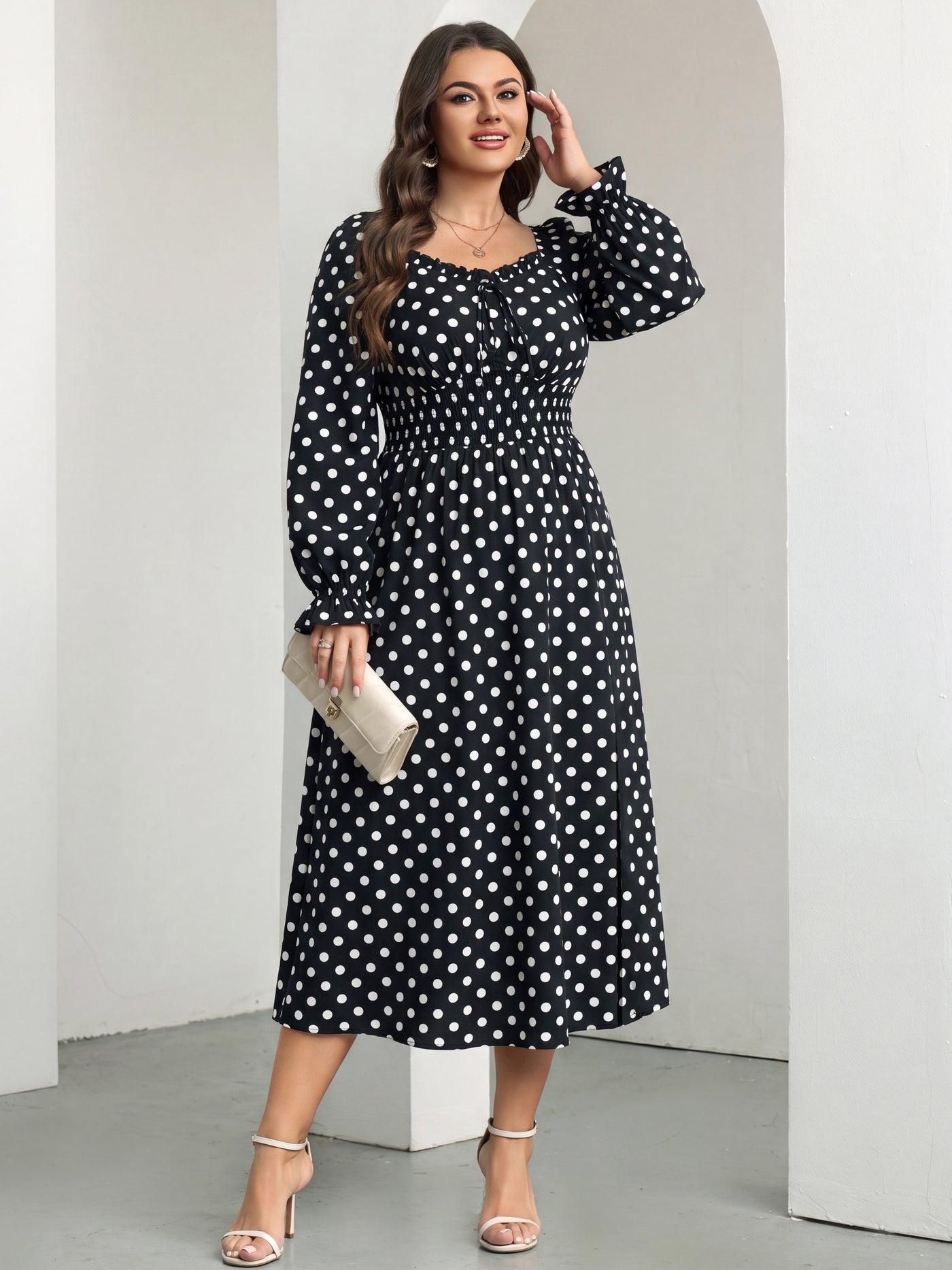 RWJ 6824 Black White Polka Dot square-neck side-slit maxi dress