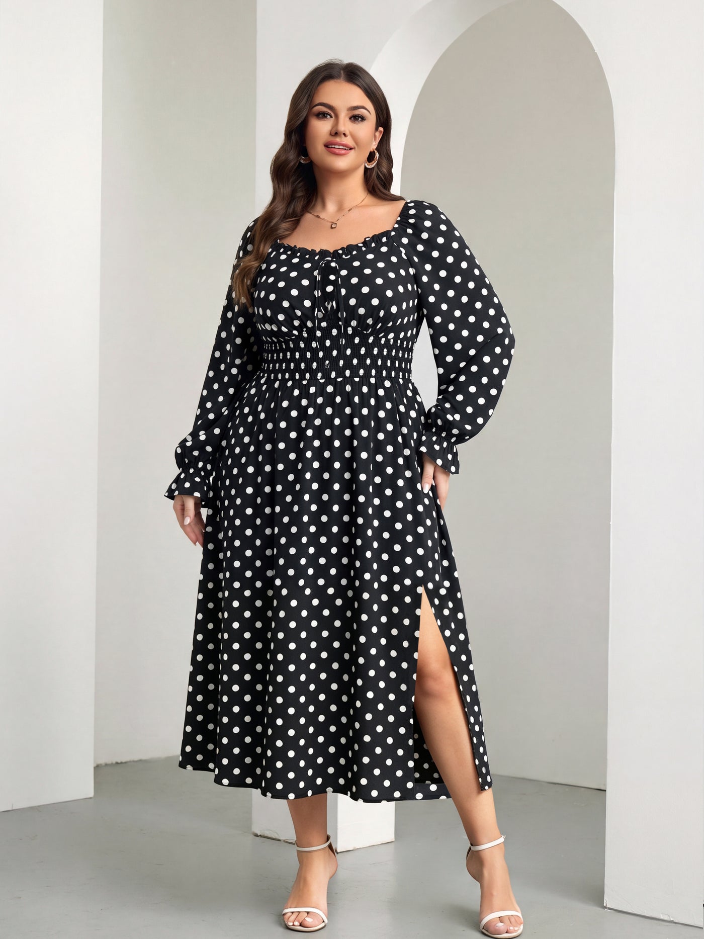 RWJ 6824 Black White Polka Dot square-neck side-slit maxi dress