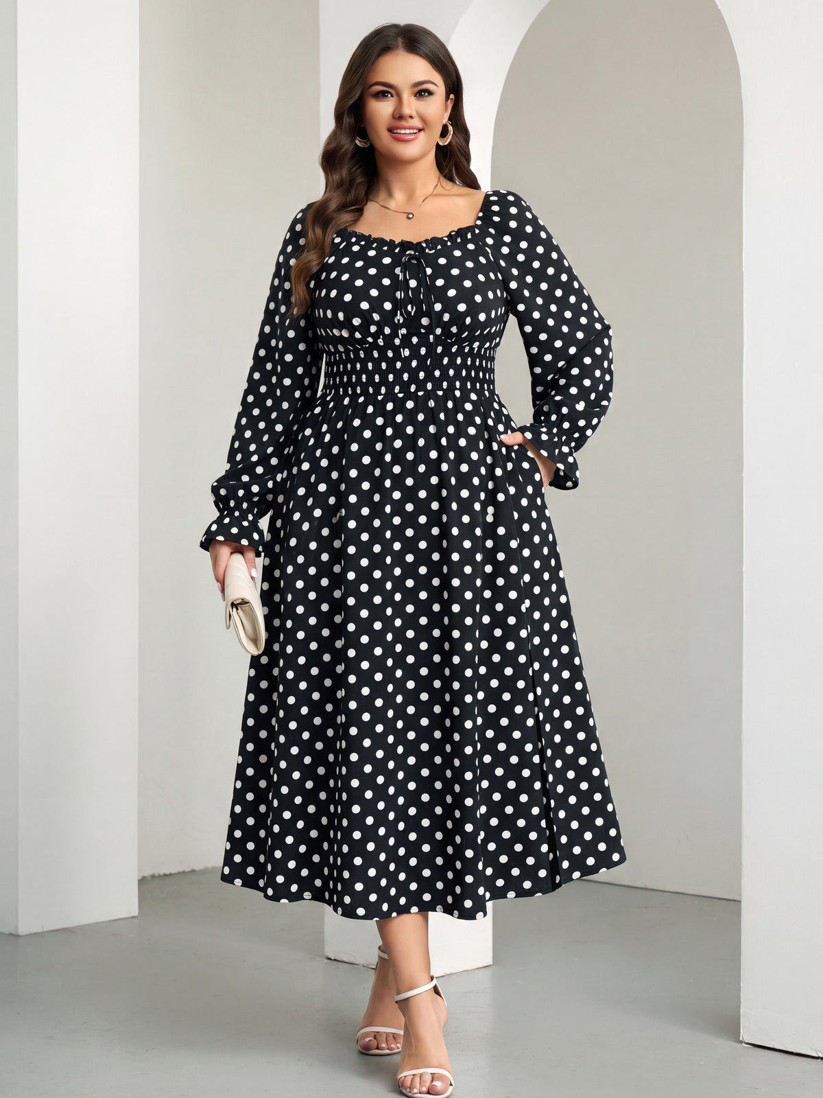 RWJ 6824 Black White Polka Dot square-neck side-slit maxi dress
