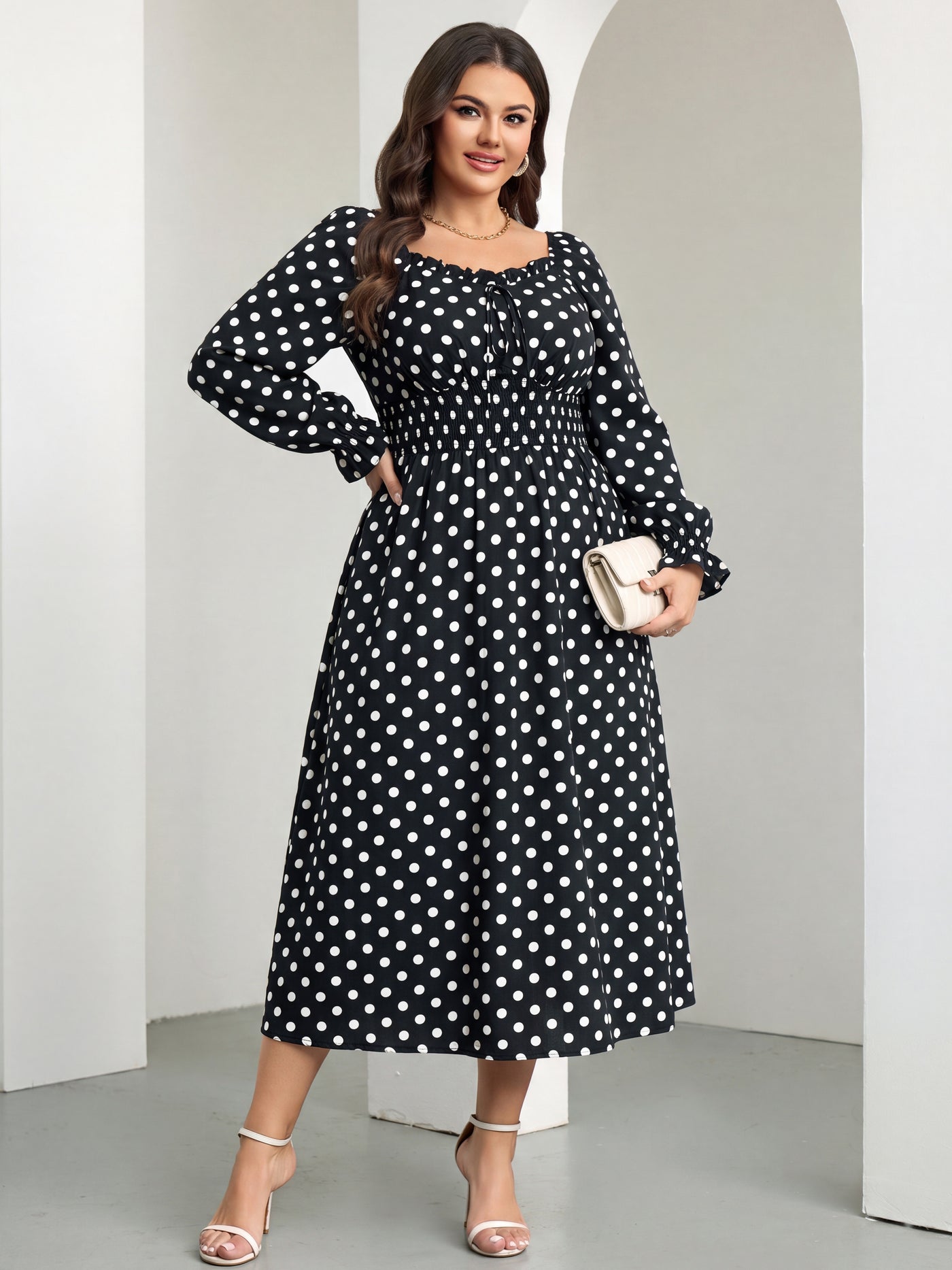 RWJ 6824 Black White Polka Dot square-neck side-slit maxi dress
