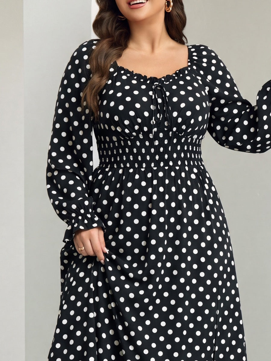 Plus Size Square-Neck Side-Slit Maxi Dress — Black White Polka Dot close-up detail