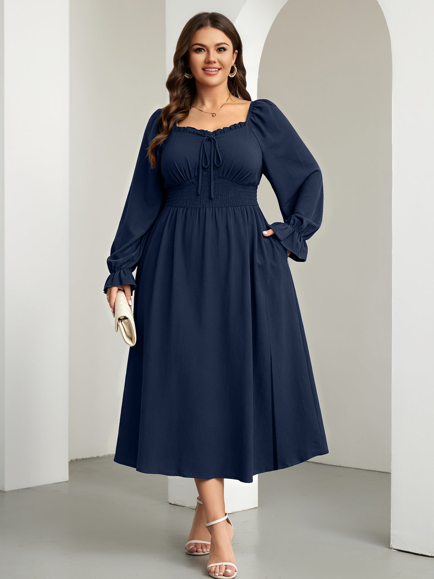 RWJ 6824 Navy Blue square-neck side-slit maxi dress