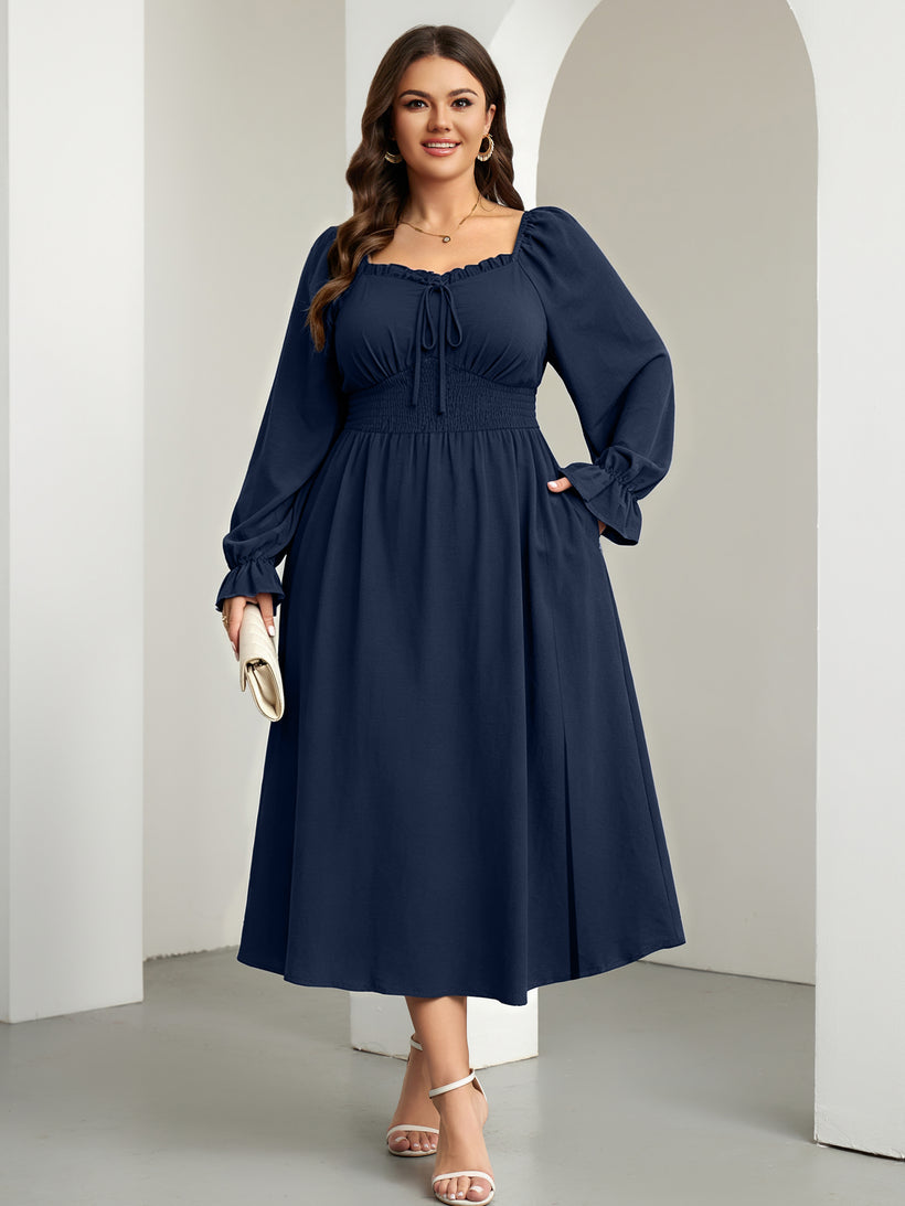 Plus Size Square-Neck Side-Slit Maxi Dress — Navy Blue
