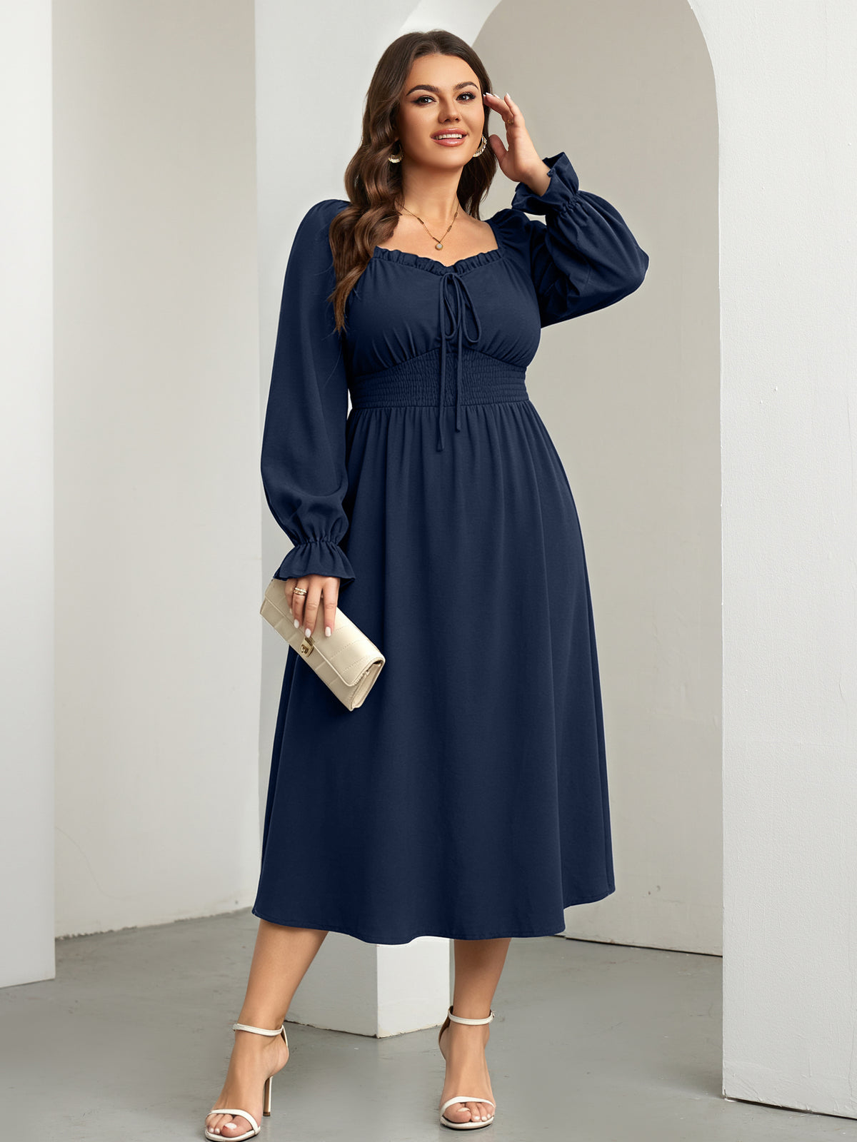 RWJ 6824 Navy Blue square-neck side-slit maxi dress