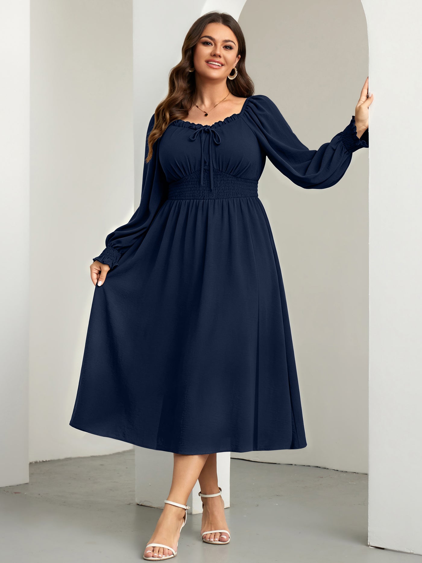 RWJ 6824 Navy Blue square-neck side-slit maxi dress