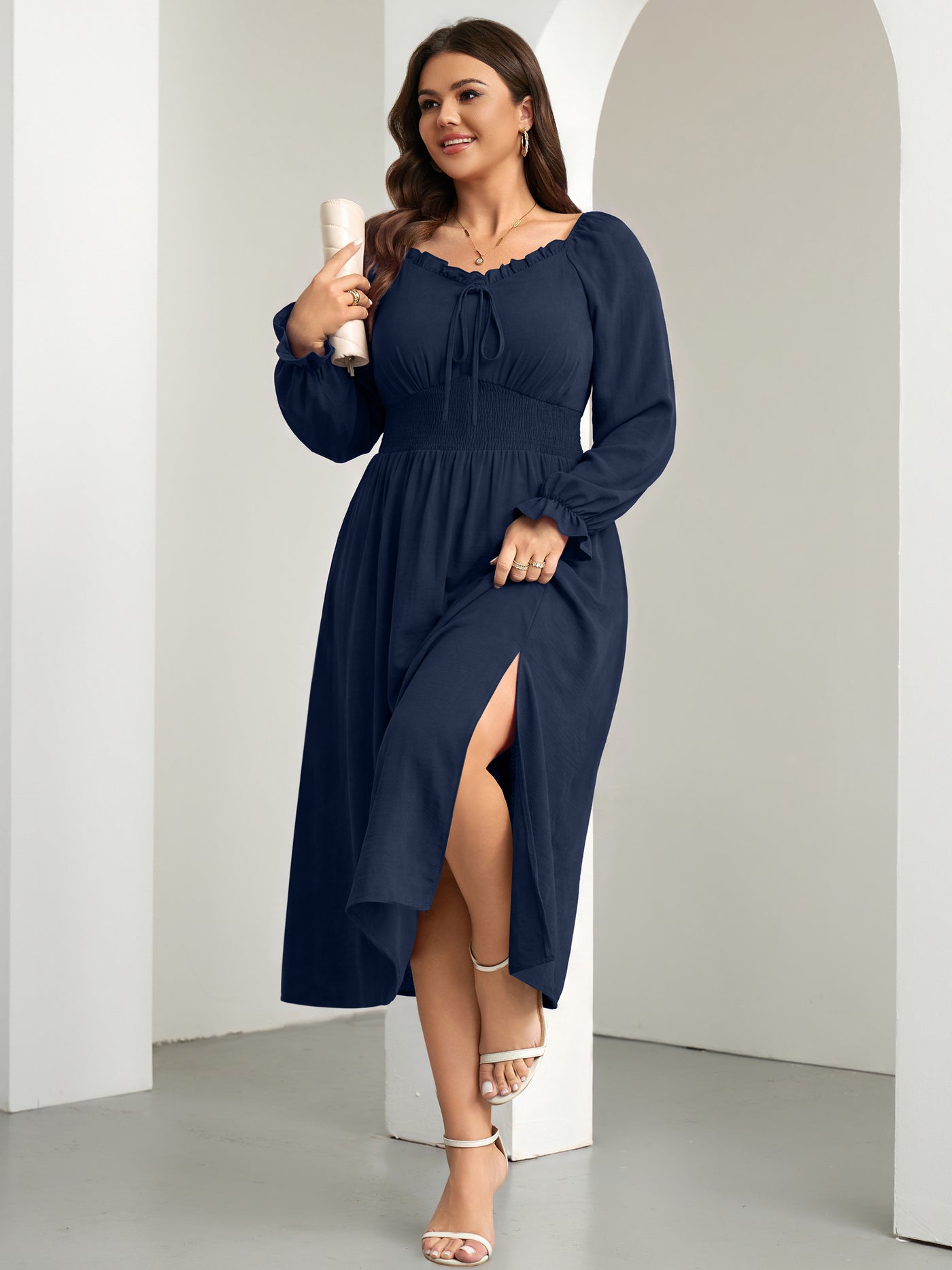RWJ 6824 Navy Blue square-neck side-slit maxi dress