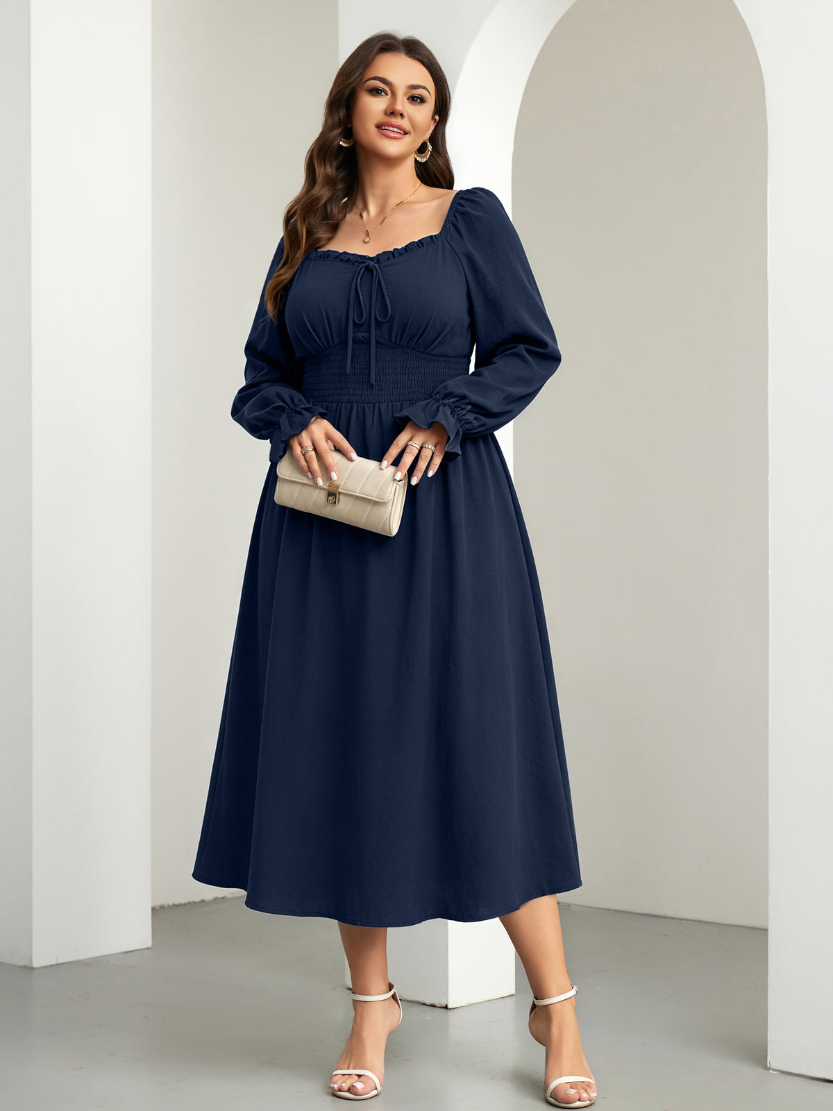 RWJ 6824 Navy Blue square-neck side-slit maxi dress
