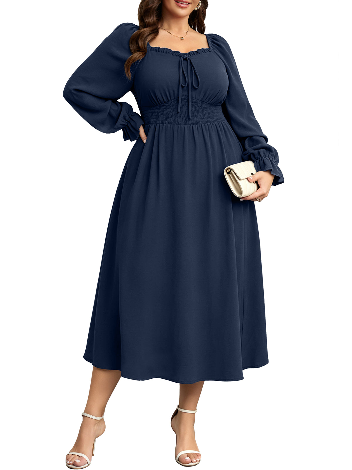 RWJ 6824 Navy Blue square-neck side-slit maxi dress