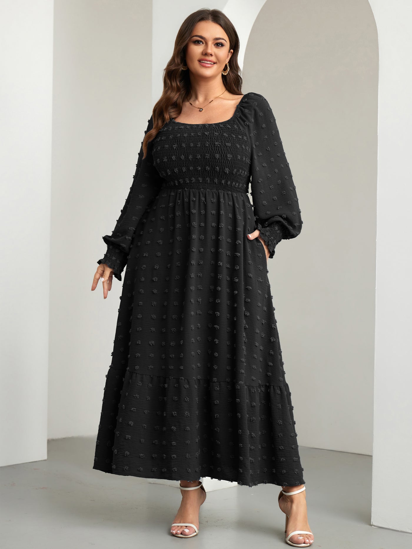 RWJ Plus Size Swiss Dot Smocked Maxi Dress — Black, view 3
