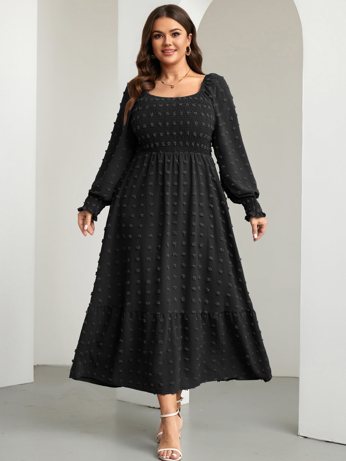 RWJ Plus Size Swiss Dot Smocked Maxi Dress — Black, view 4