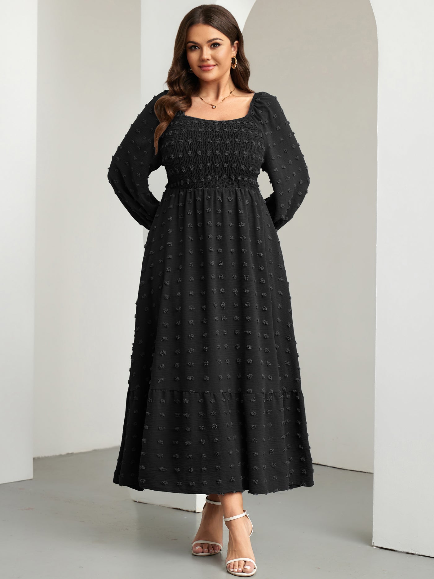 RWJ Plus Size Swiss Dot Smocked Maxi Dress — Black, view 5