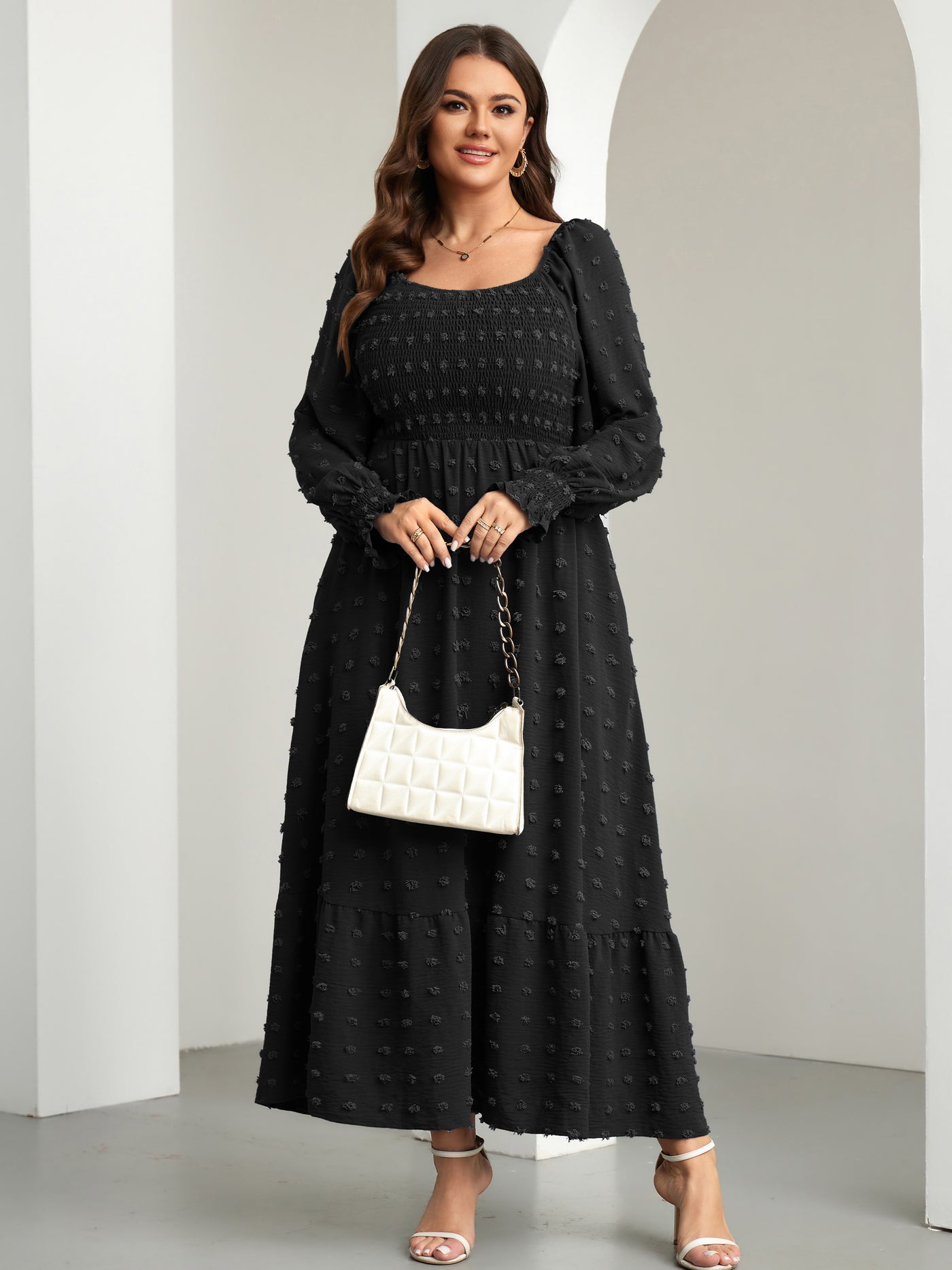 RWJ Plus Size Swiss Dot Smocked Maxi Dress — Black, view 6