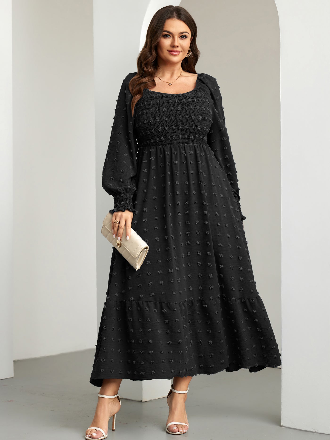 RWJ Plus Size Swiss Dot Smocked Maxi Dress — Black, view 7