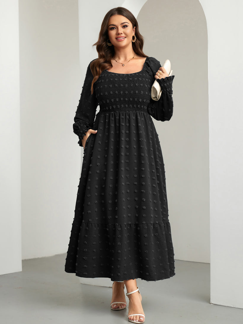 Plus Size Swiss Dot Smocked Maxi Dress — Black