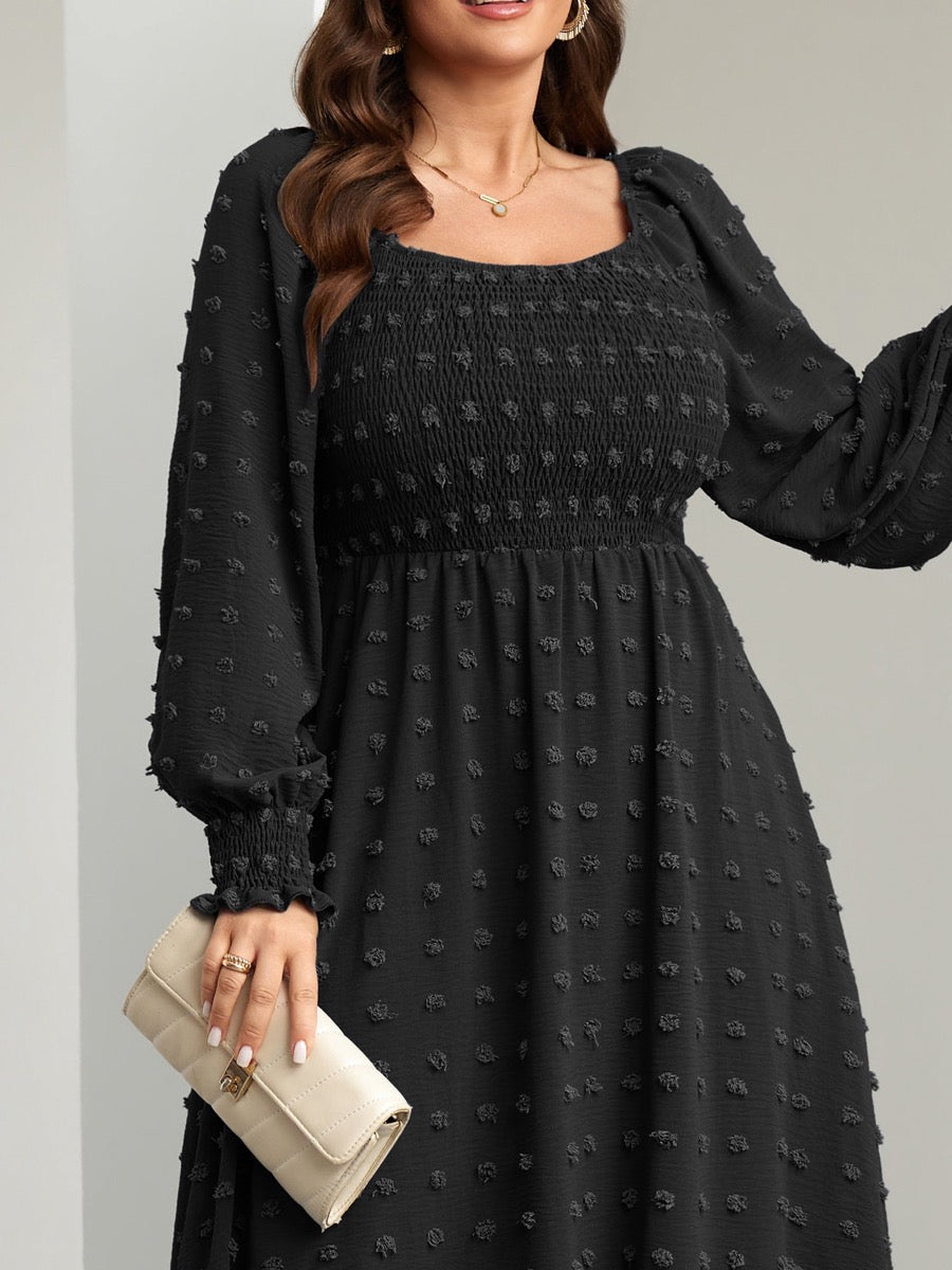 Plus Size Swiss Dot Smocked Maxi Dress — Black close-up detail