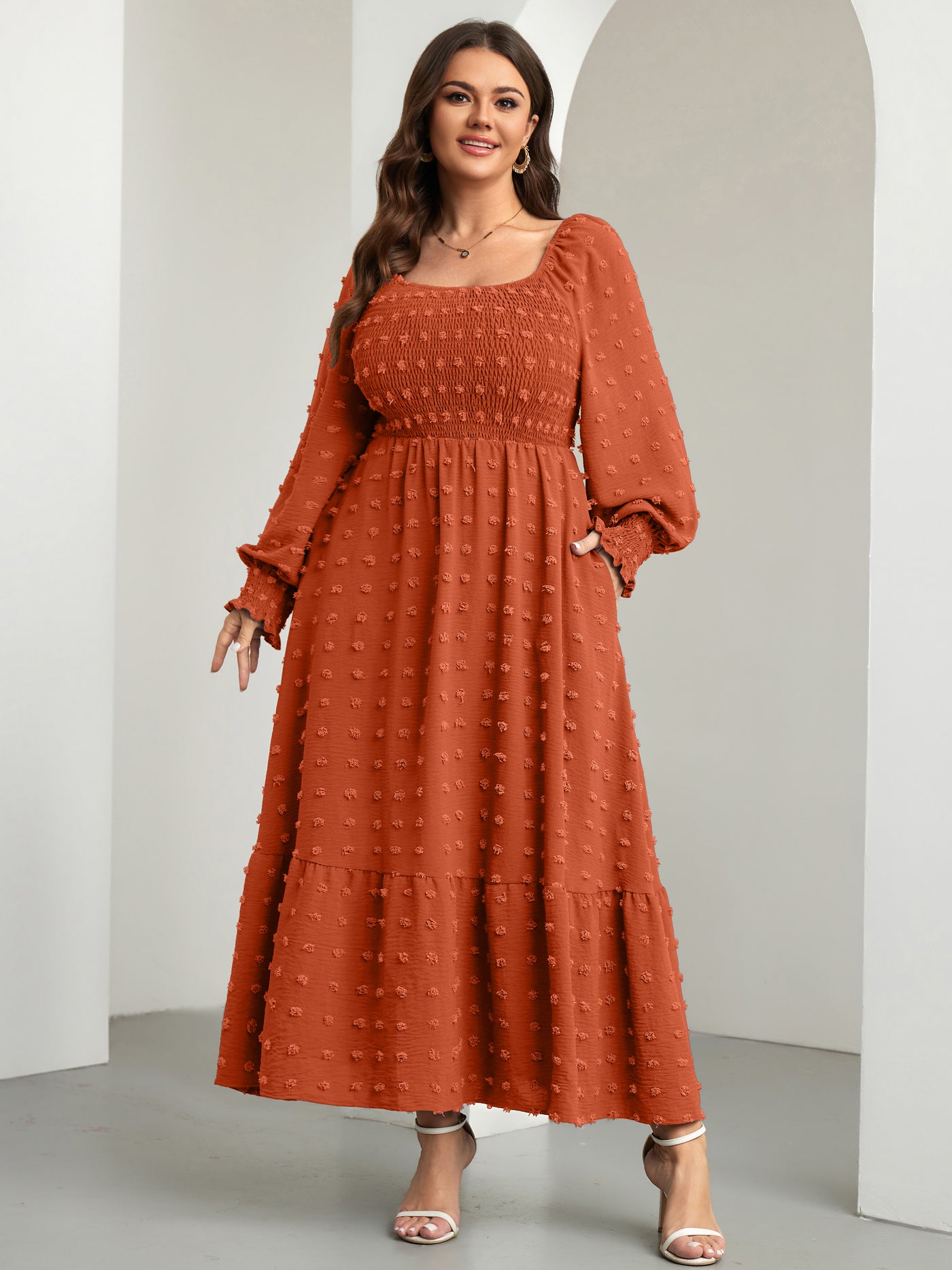 RWJ Plus Size Swiss Dot Smocked Maxi Dress — Brown, view 3