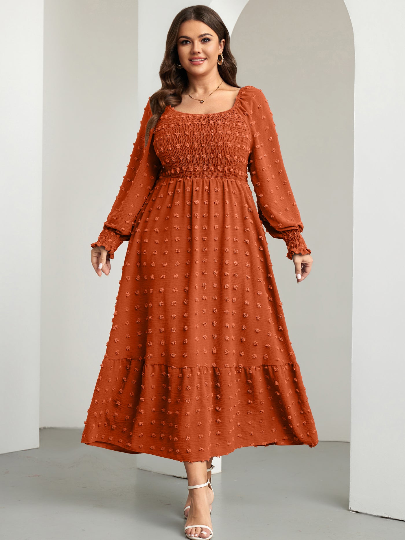 RWJ Plus Size Swiss Dot Smocked Maxi Dress — Brown, view 4