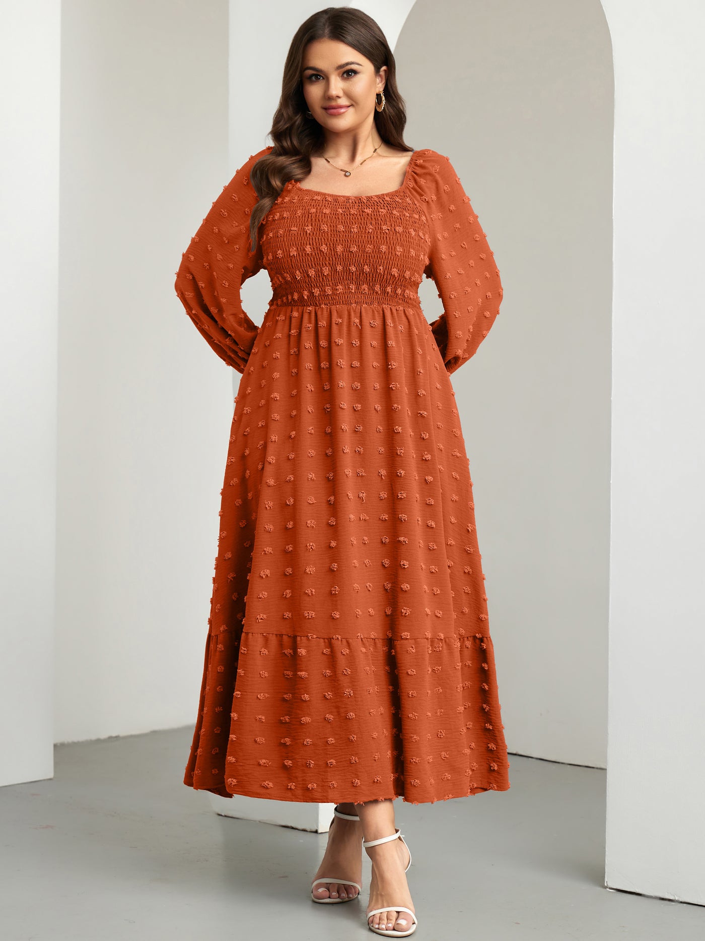 RWJ Plus Size Swiss Dot Smocked Maxi Dress — Brown, view 5