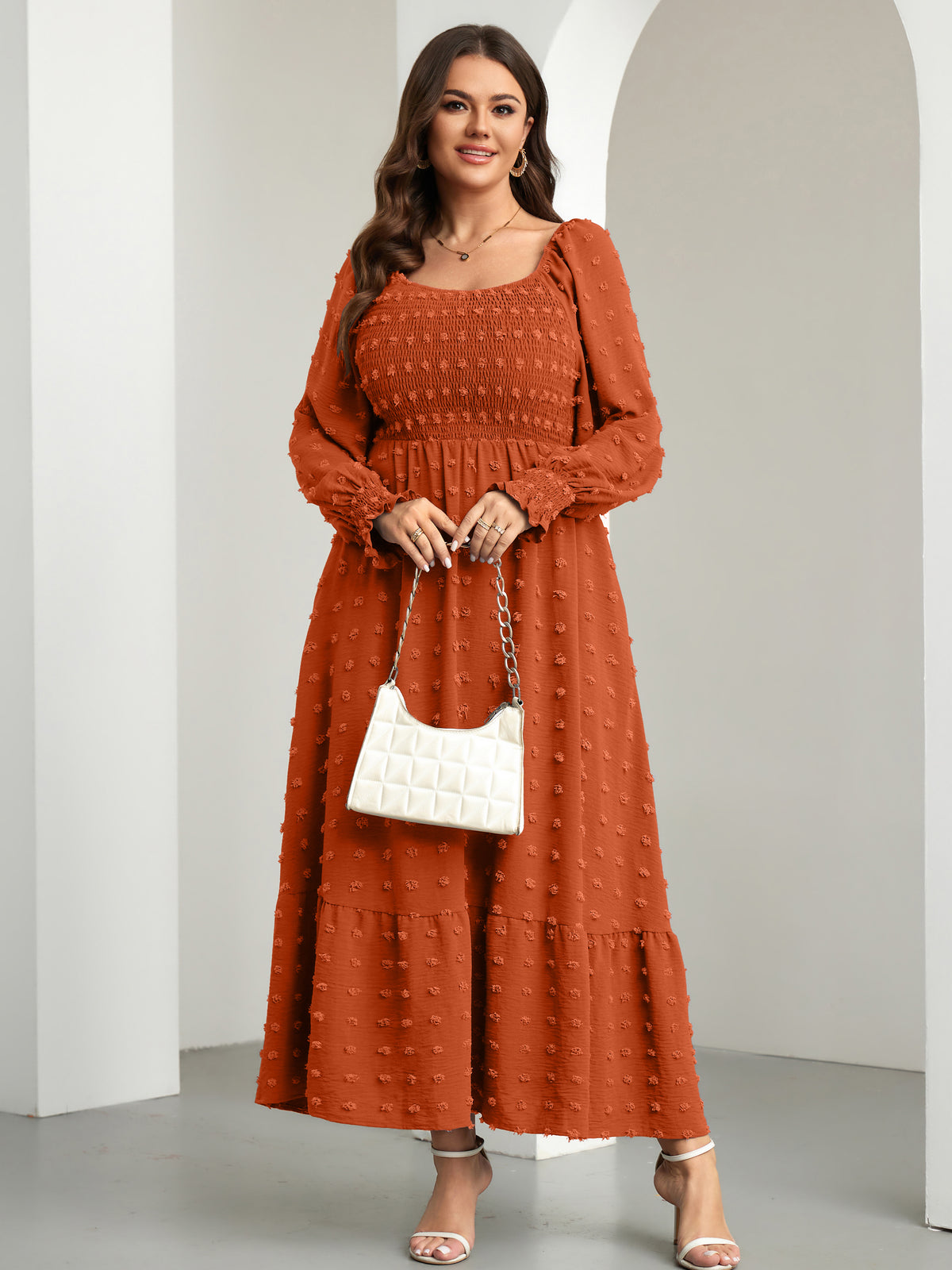 RWJ Plus Size Swiss Dot Smocked Maxi Dress — Brown, view 6