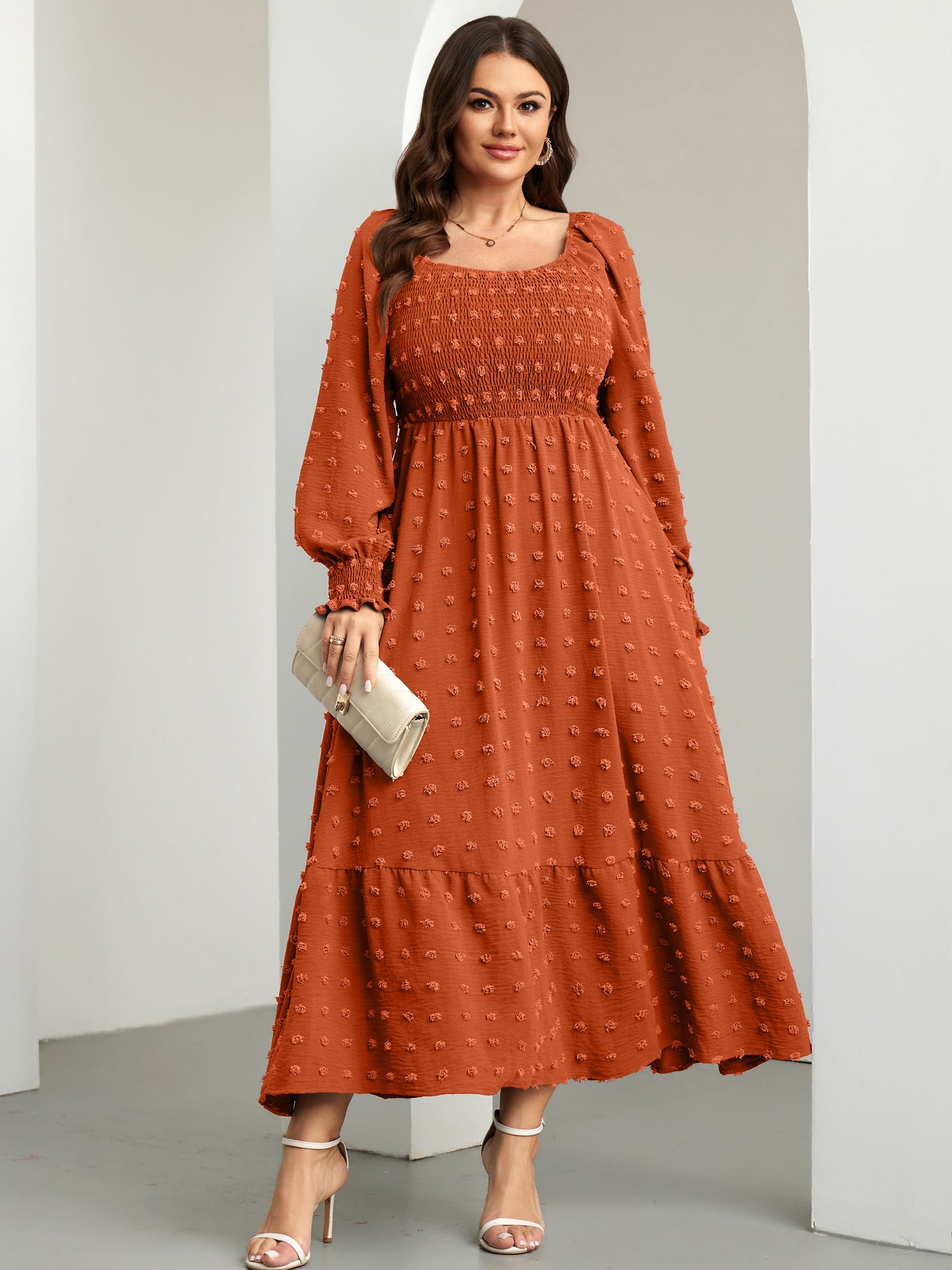 RWJ Plus Size Swiss Dot Smocked Maxi Dress — Brown, view 7