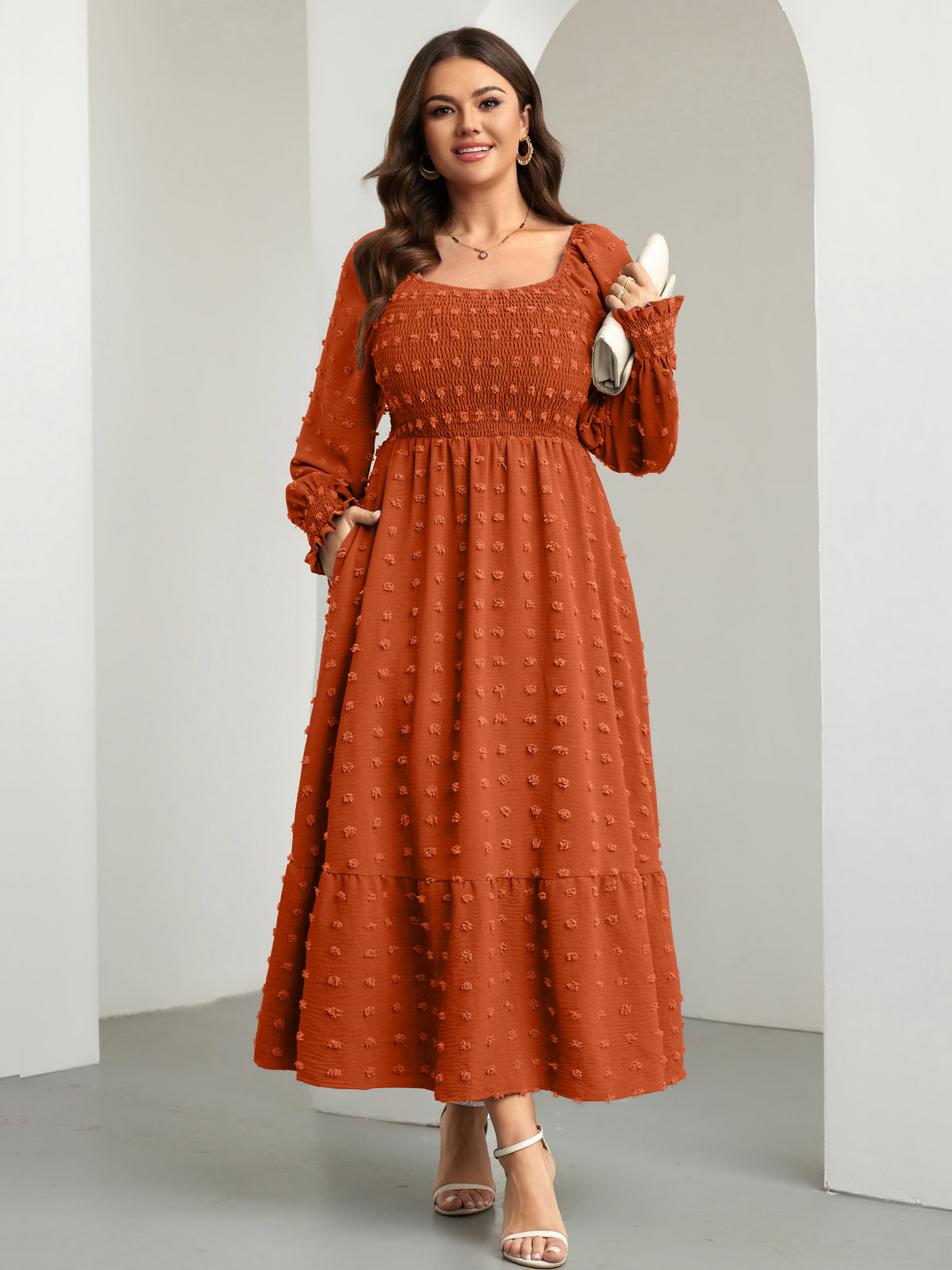 Plus Size Swiss Dot Smocked Maxi Dress — Brown