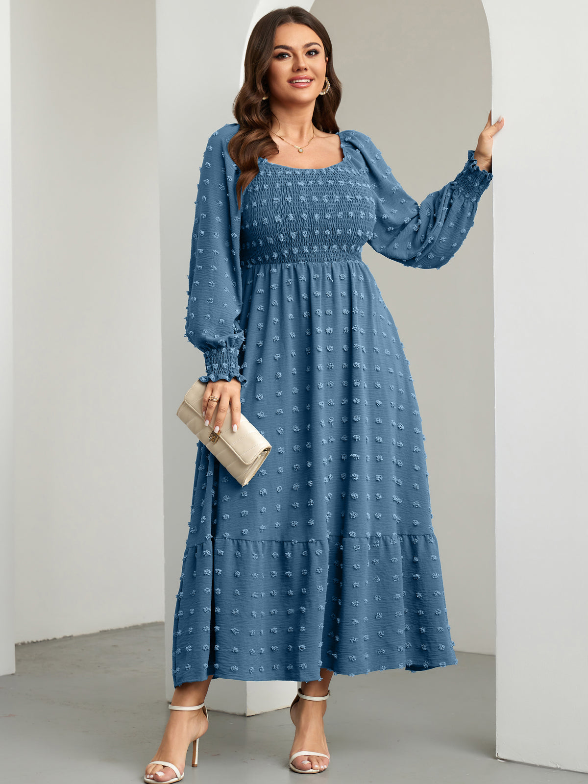 RWJ Plus Size Swiss Dot Smocked Maxi Dress — Grey Blue, view 2