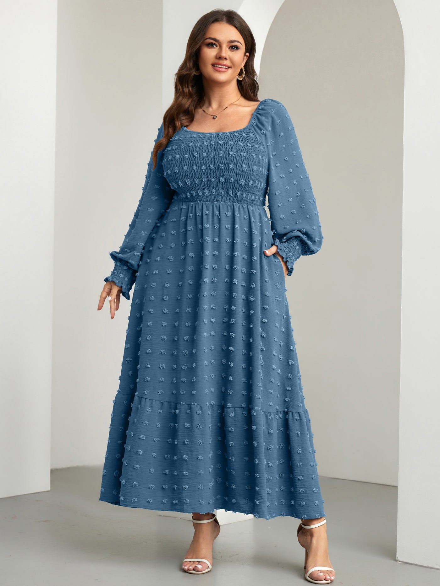 RWJ Plus Size Swiss Dot Smocked Maxi Dress — Grey Blue, view 3