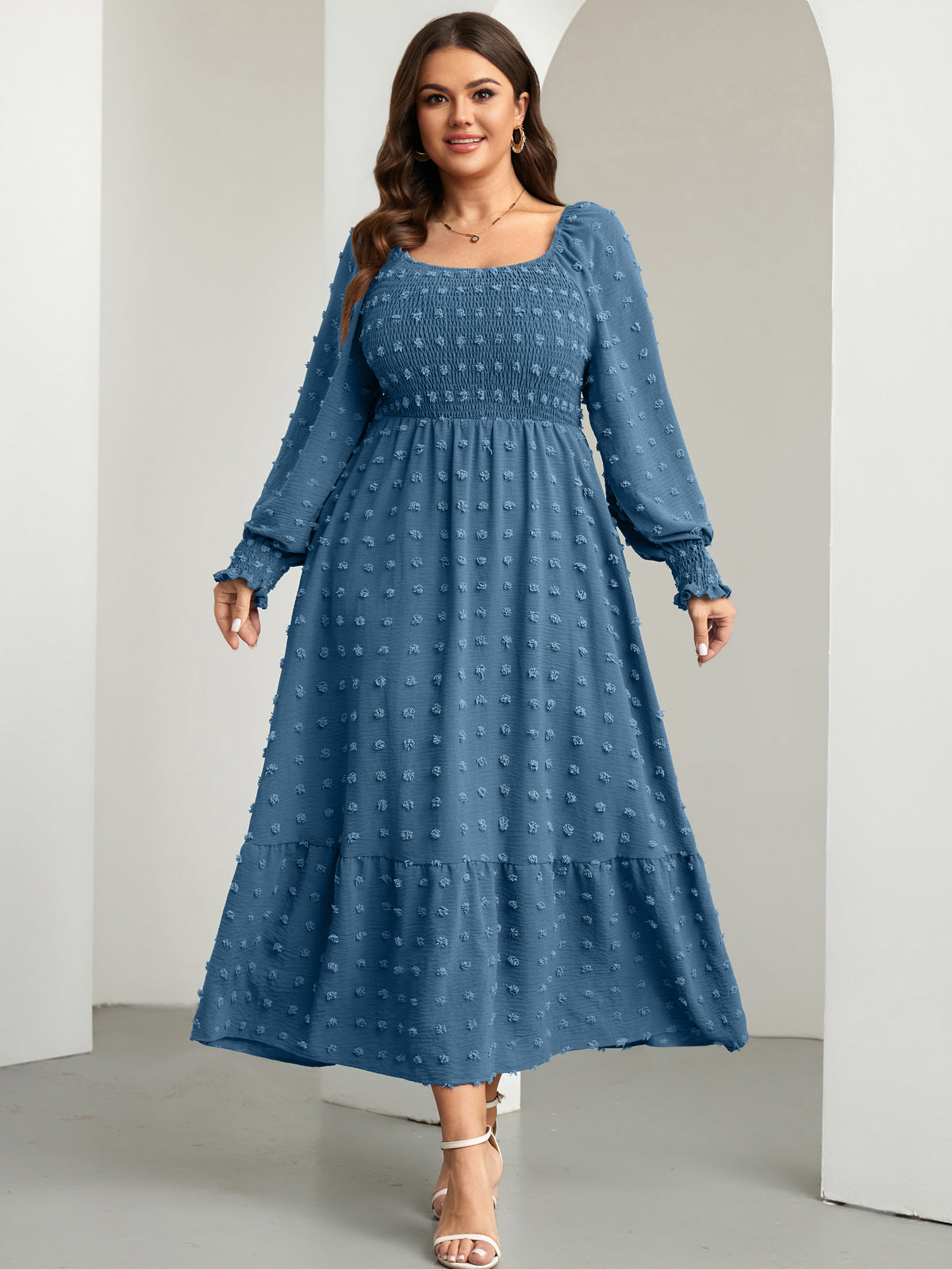 RWJ Plus Size Swiss Dot Smocked Maxi Dress — Grey Blue, view 4