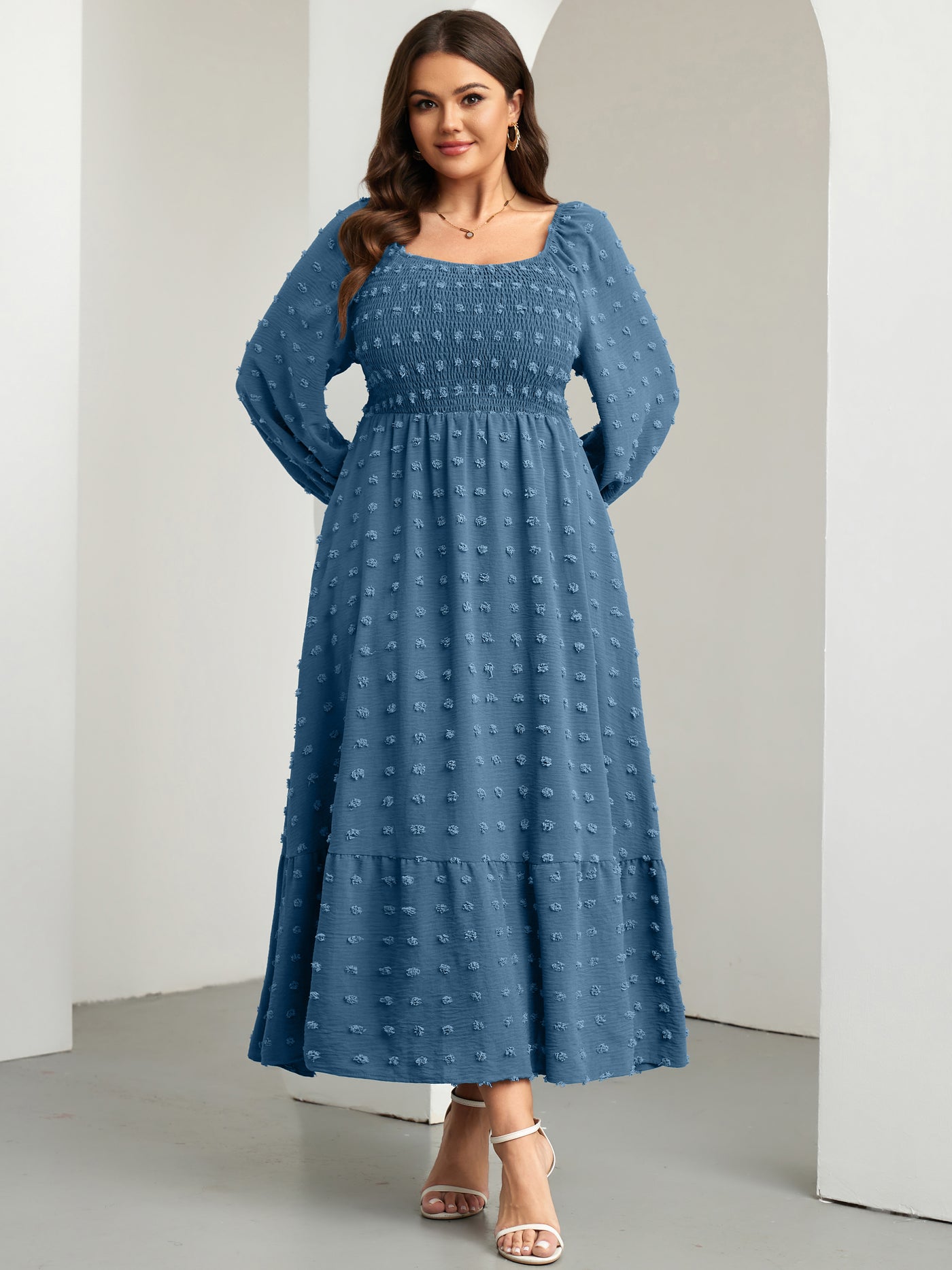 RWJ Plus Size Swiss Dot Smocked Maxi Dress — Grey Blue, view 5