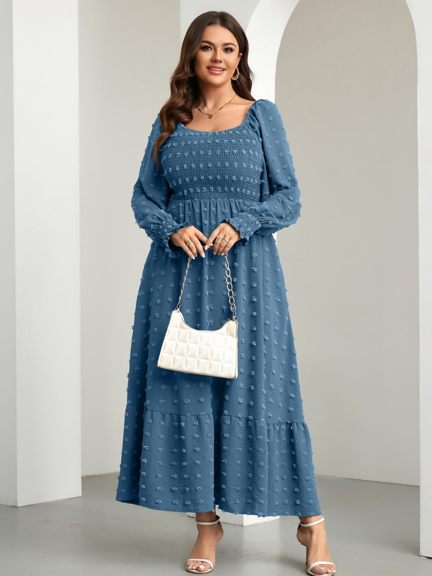 RWJ Plus Size Swiss Dot Smocked Maxi Dress — Grey Blue, view 6