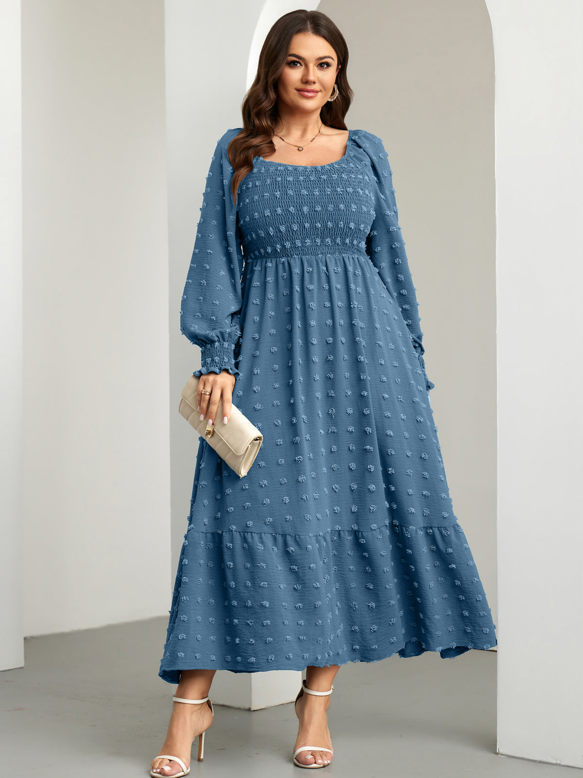 RWJ Plus Size Swiss Dot Smocked Maxi Dress — Grey Blue, view 7
