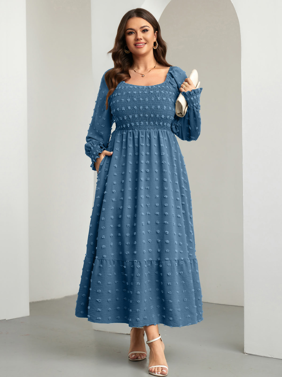 Plus Size Swiss Dot Smocked Maxi Dress — Grey Blue