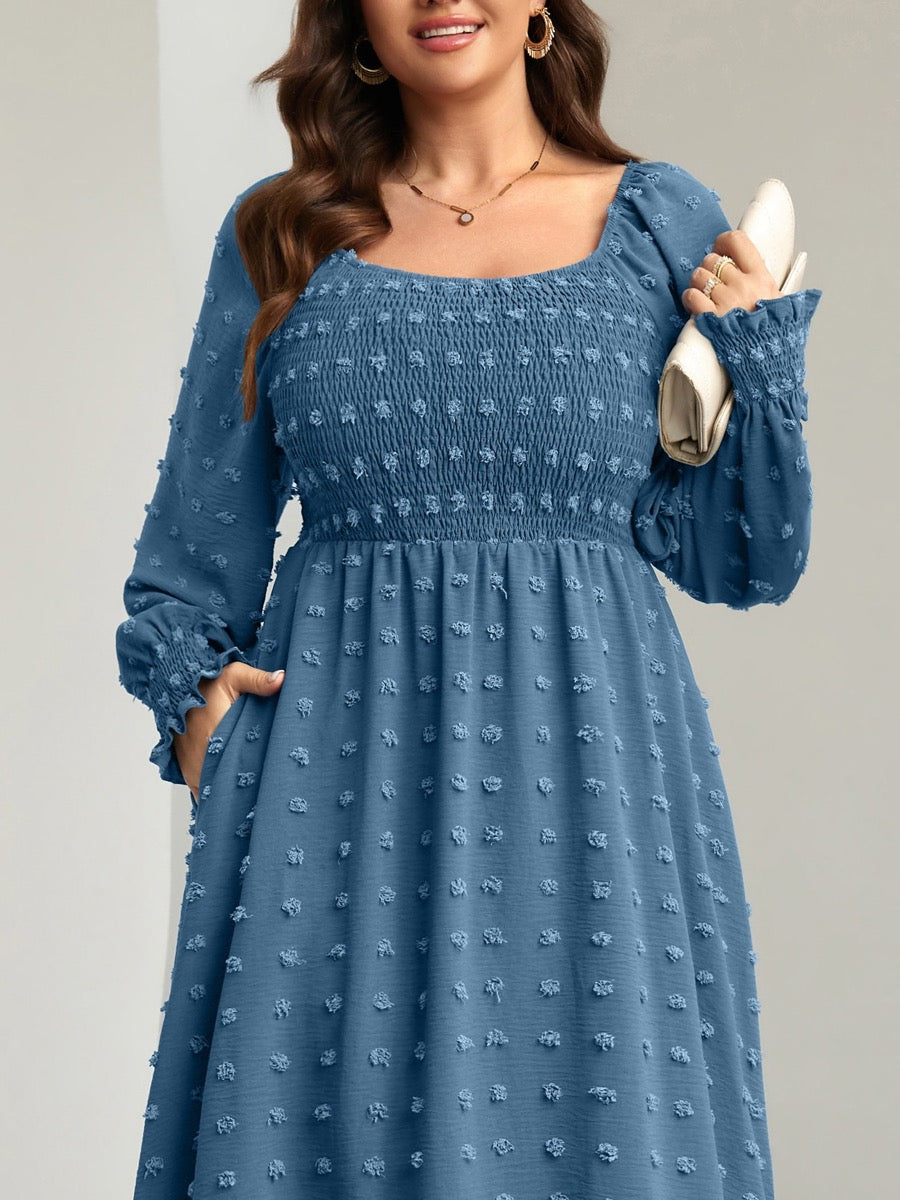 Plus Size Swiss Dot Smocked Maxi Dress — Grey Blue close-up detail