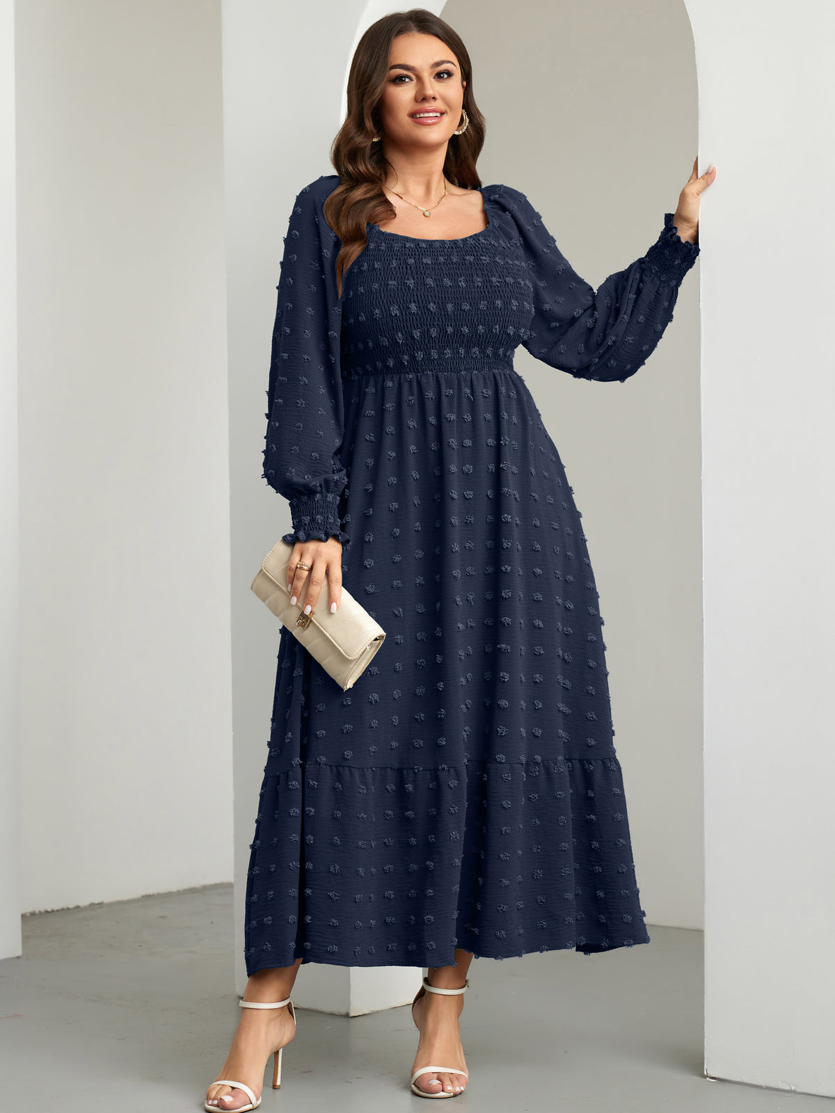 RWJ Plus Size Swiss Dot Smocked Maxi Dress — Navy Blue, view 2