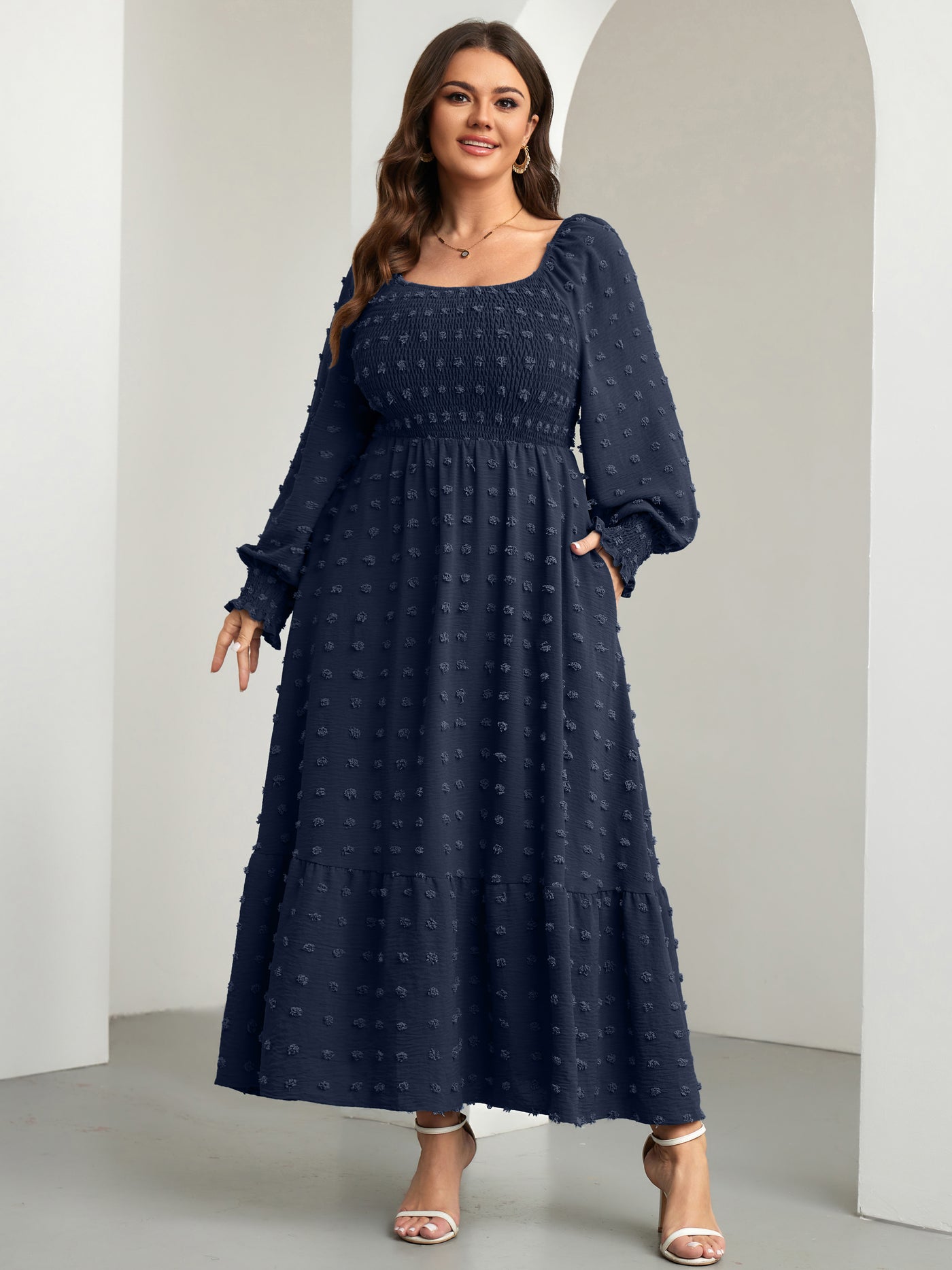 RWJ Plus Size Swiss Dot Smocked Maxi Dress — Navy Blue, view 3