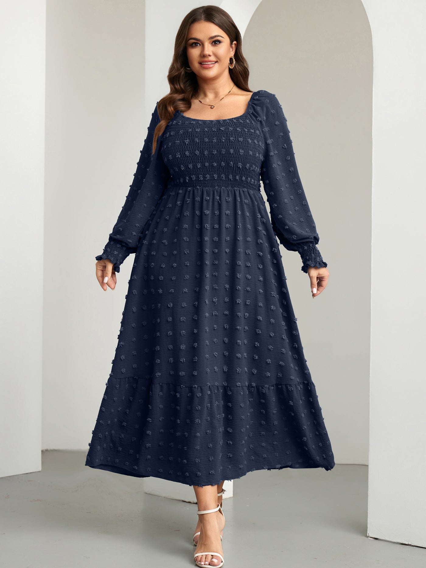 RWJ Plus Size Swiss Dot Smocked Maxi Dress — Navy Blue, view 4