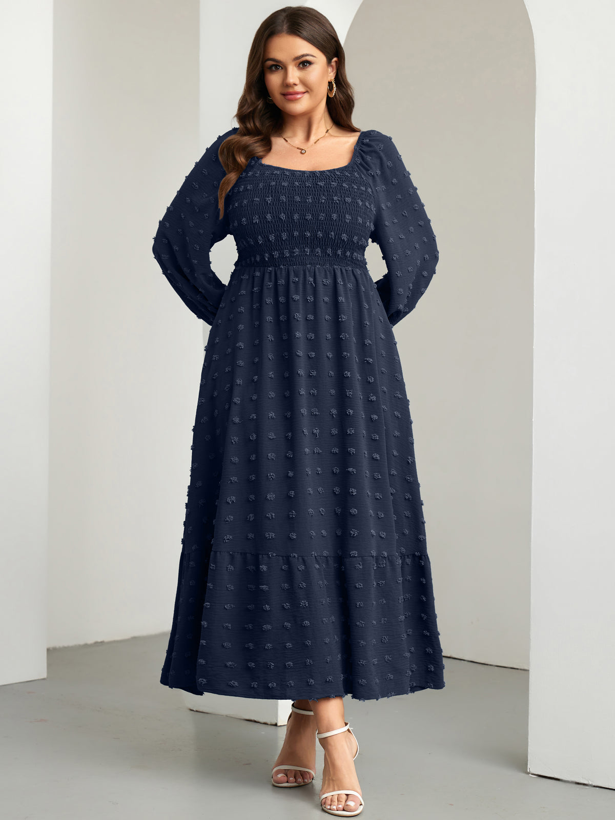 RWJ Plus Size Swiss Dot Smocked Maxi Dress — Navy Blue, view 5