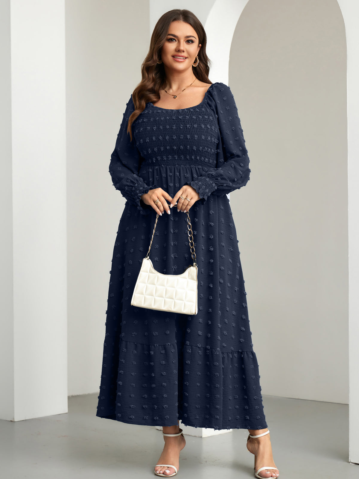 RWJ Plus Size Swiss Dot Smocked Maxi Dress — Navy Blue, view 6