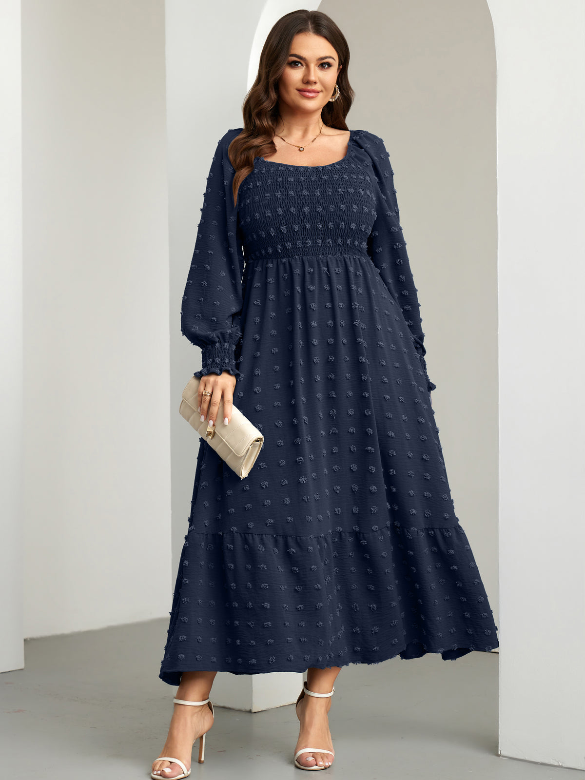RWJ Plus Size Swiss Dot Smocked Maxi Dress — Navy Blue, view 7
