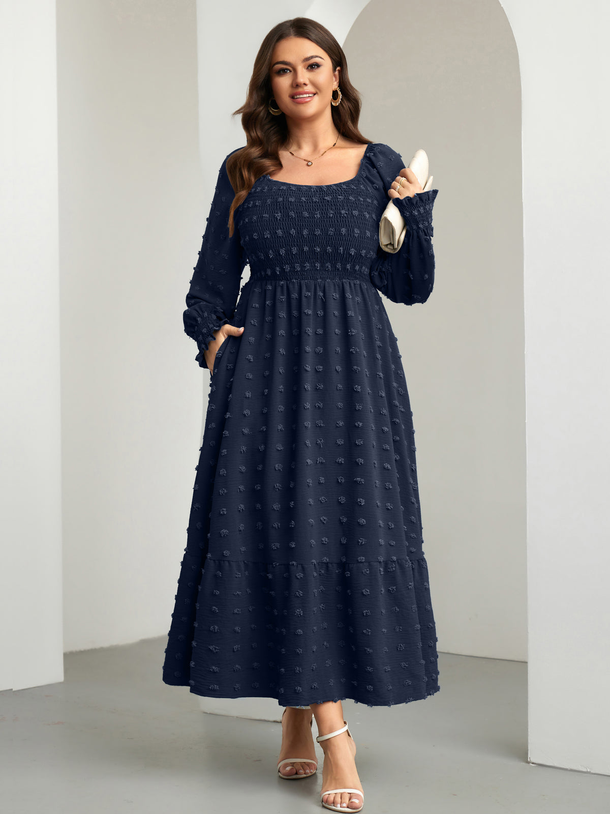 Plus Size Swiss Dot Smocked Maxi Dress — Navy Blue