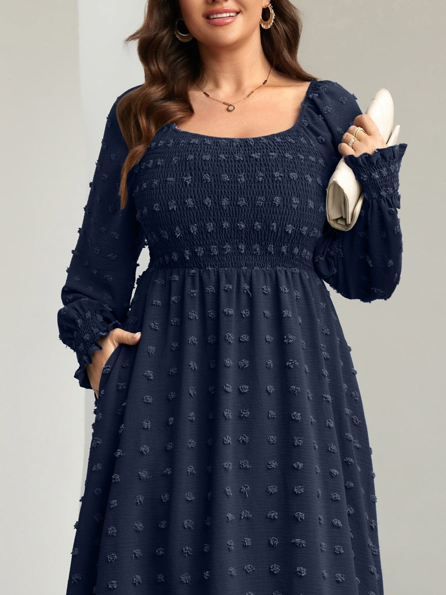Plus Size Swiss Dot Smocked Maxi Dress — Navy Blue close-up detail