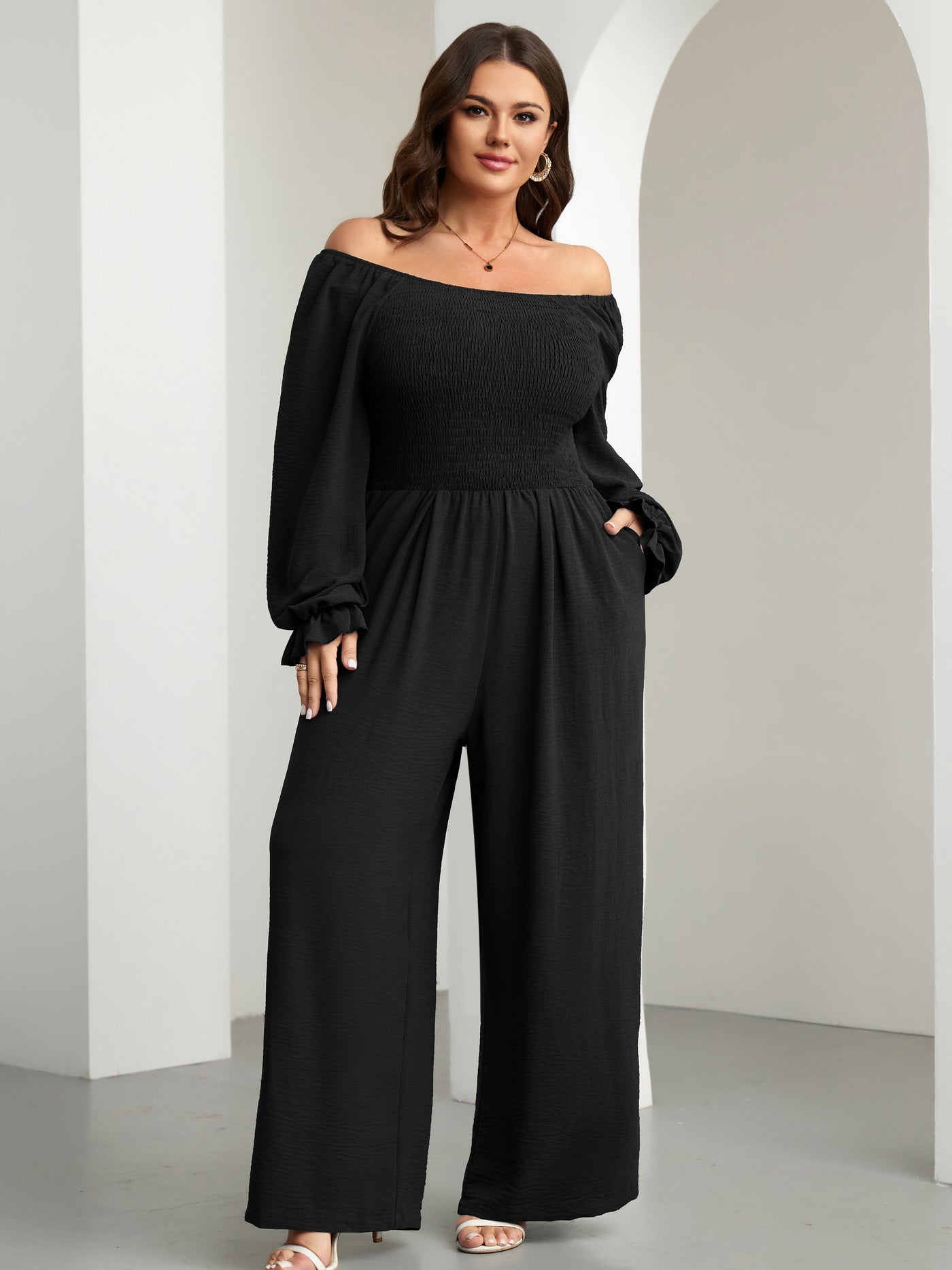 RWJ Plus Size Smocked Wide-Leg Jumpsuit — Black, view 3