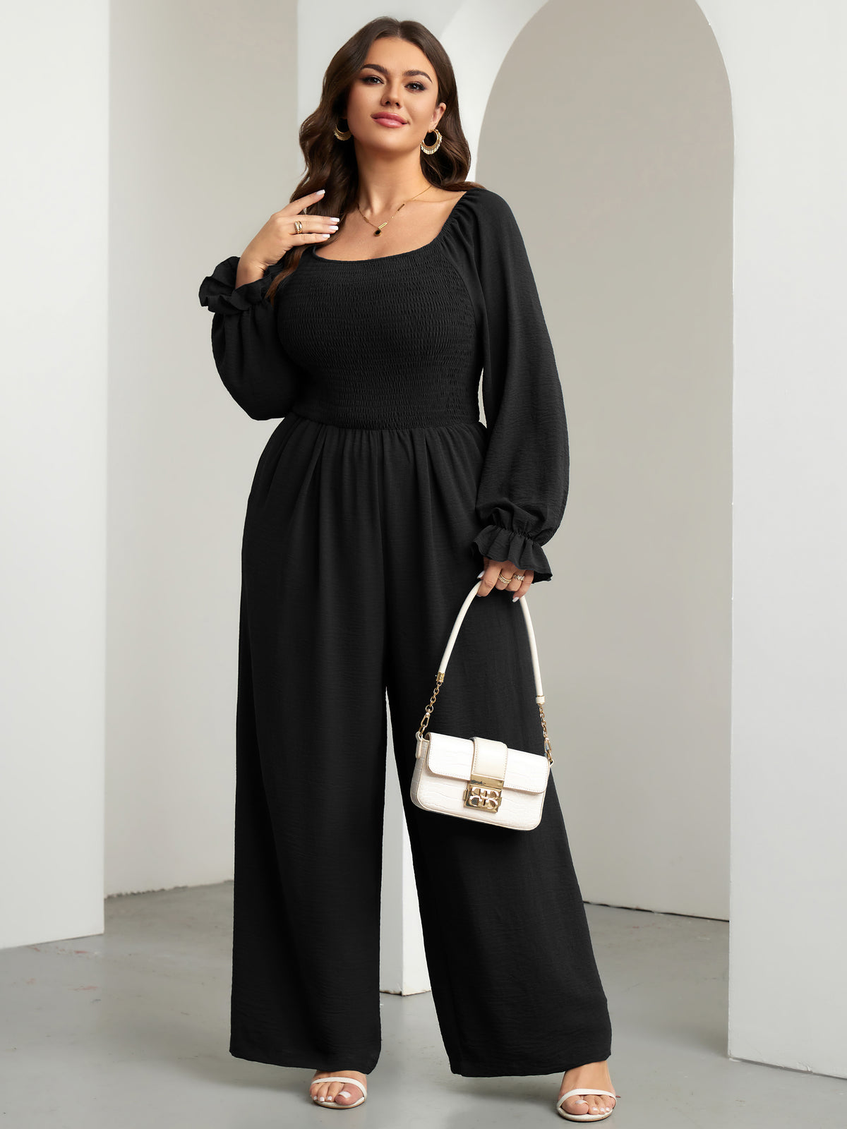 RWJ Plus Size Smocked Wide-Leg Jumpsuit — Black, view 5