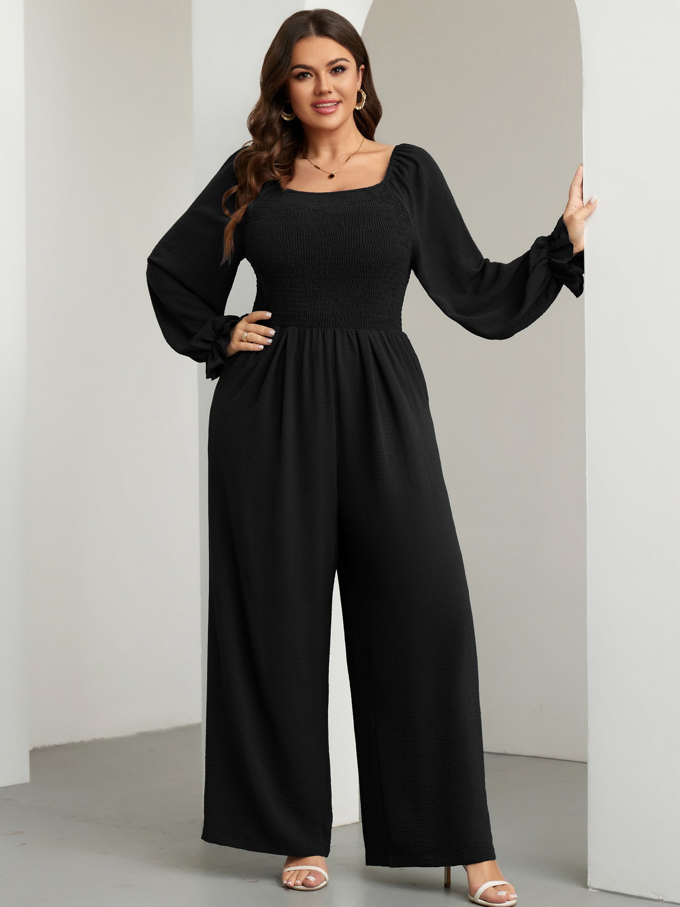 RWJ Plus Size Smocked Wide-Leg Jumpsuit — Black, view 6