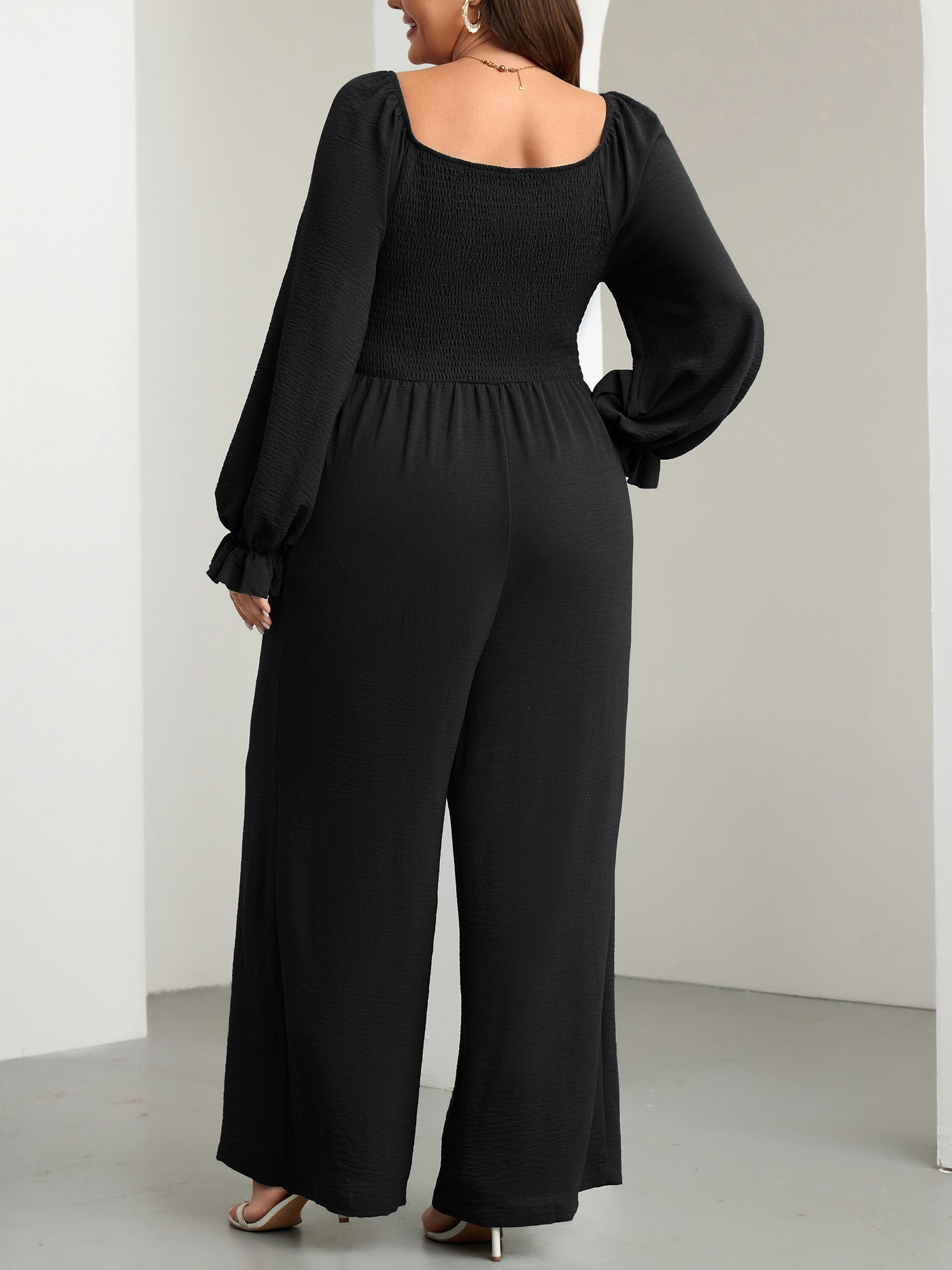 RWJ Plus Size Smocked Wide-Leg Jumpsuit — Black, view 7
