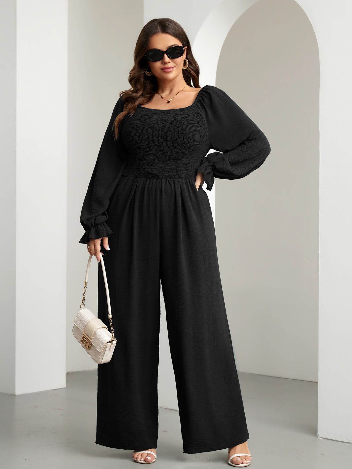 Plus Size Smocked Wide-Leg Jumpsuit — Black